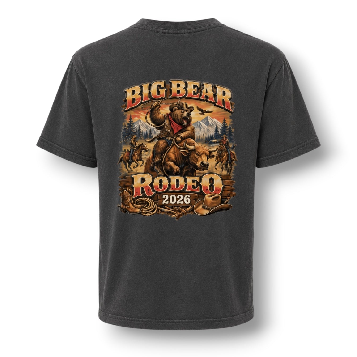 A charcoal color  short-sleeve t-shirt shown from the back, featuring a large graphic print of a bear rider with the text 'BIG BEAR RODEO 2026' on a white background.