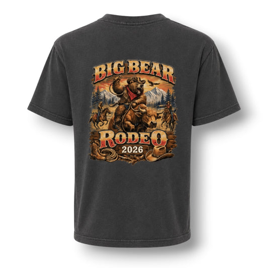 A charcoal color  short-sleeve t-shirt shown from the back, featuring a large graphic print of a bear rider with the text 'BIG BEAR RODEO 2026' on a white background.
