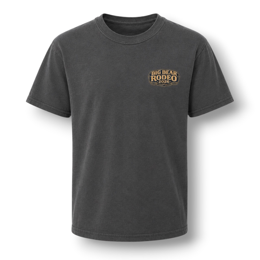 A charcoal color short-sleeve t-shirt shown from front. The front has a small 'Big Bear Rodeo 2026' logo on the left chest.