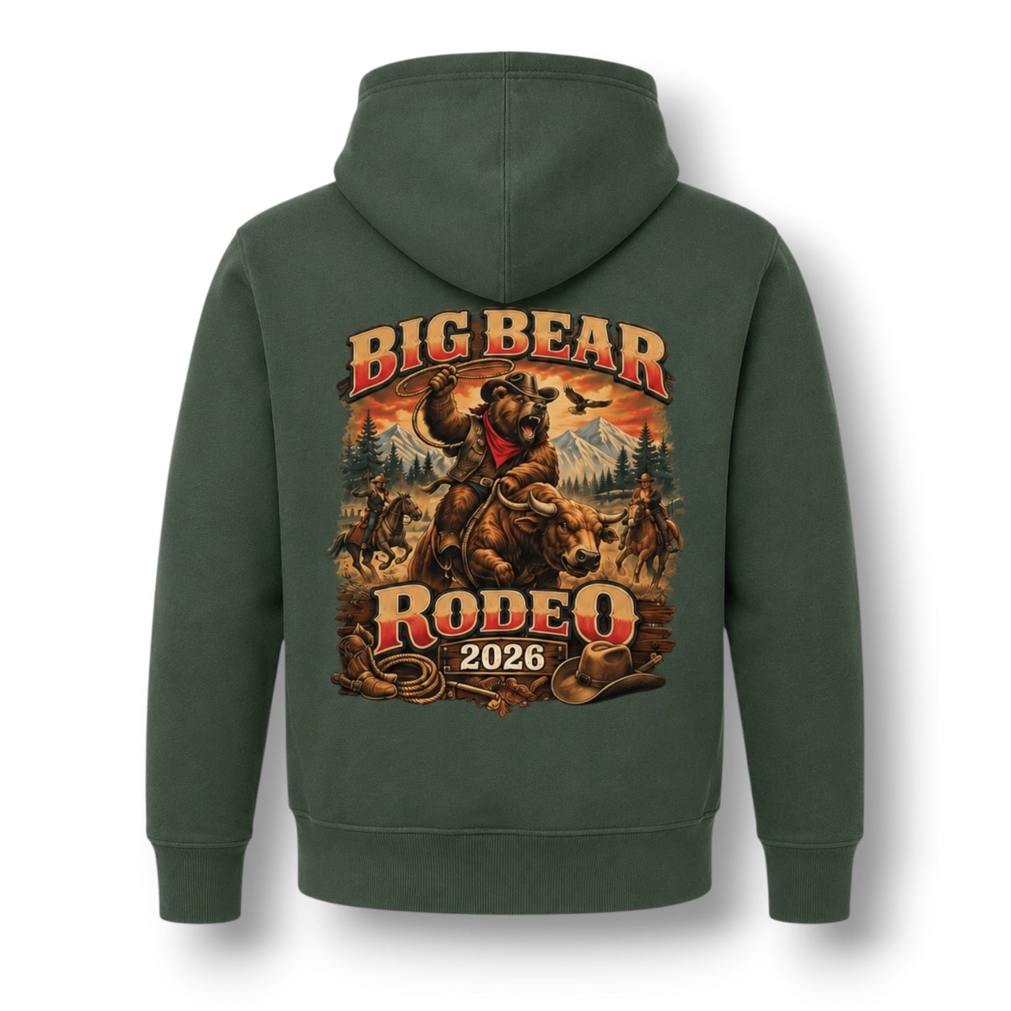 A dark green pullover hoodie shown from the back, featuring a large graphic print of a cowboy riding a bucking bear with the text 'BIG BEAR RODEO 2026' in red and gold lettering.