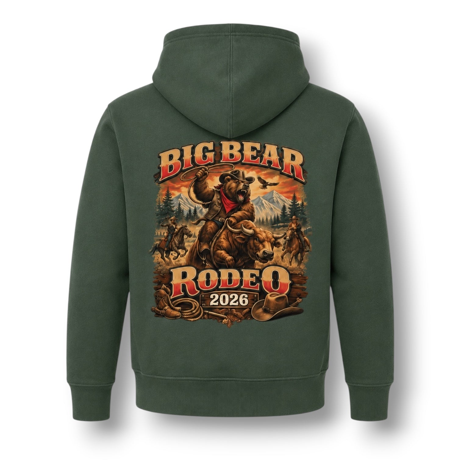 A dark green pullover hoodie shown from the back, featuring a large graphic print of a cowboy riding a bucking bear with the text 'BIG BEAR RODEO 2026' in red and gold lettering.