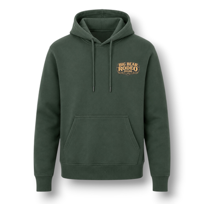 Dark green pullover hoodie shown from the front on a white background. The front has a small gold-toned 'BIG BEAR RODEO' chest logo.