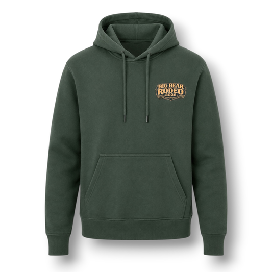 Dark green pullover hoodie shown from the front on a white background. The front has a small gold-toned 'BIG BEAR RODEO' chest logo.