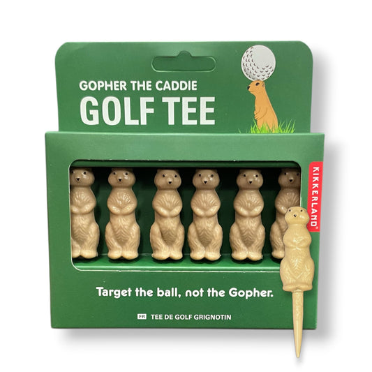 A six pack of tan plastic golf tees in the shape of a gopher animal.