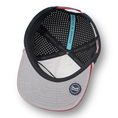 The underside of a Melin brand hat with the thumbprint undervisor seal.