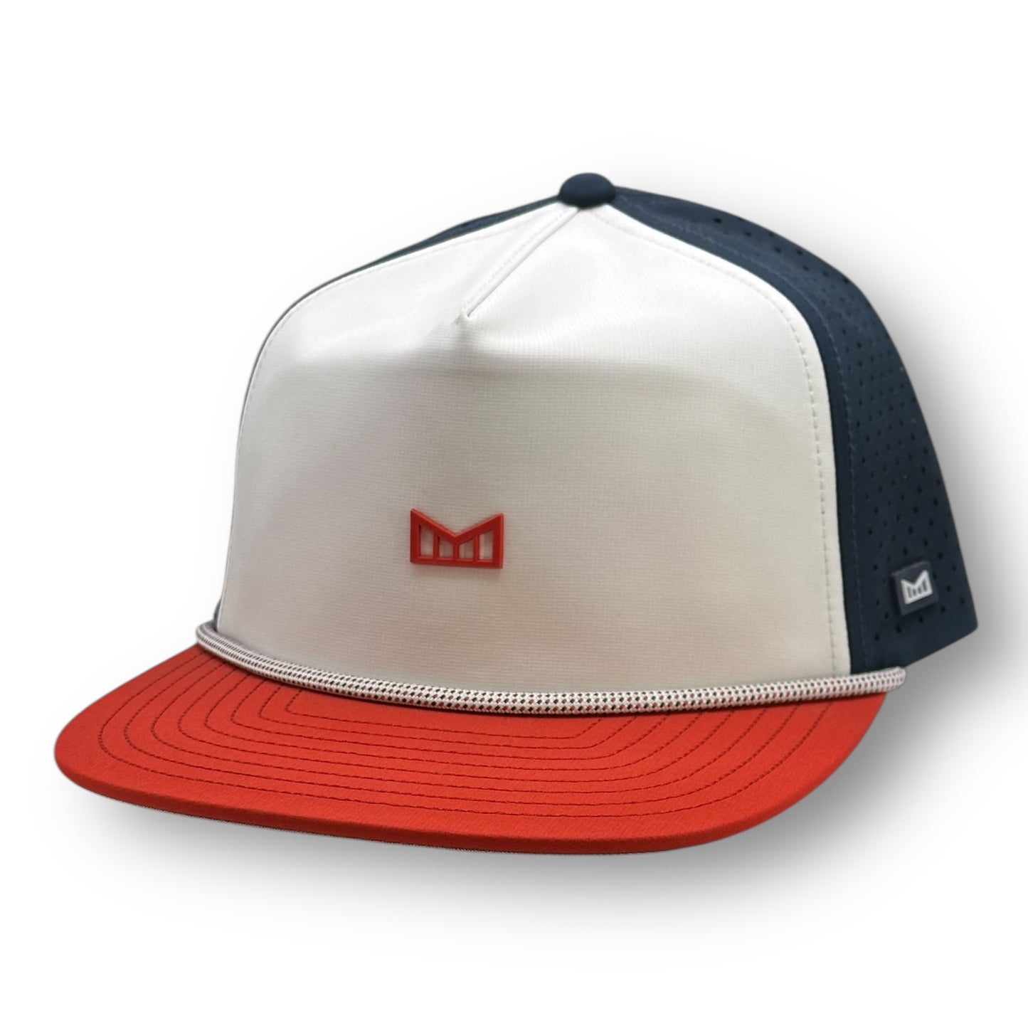 White, navy, and red Melin brand snapback hat with a red Melin logo on the front and rope on the bill.