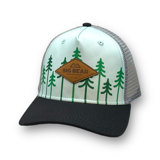 Mesh trucker had with a leather logo and green trees