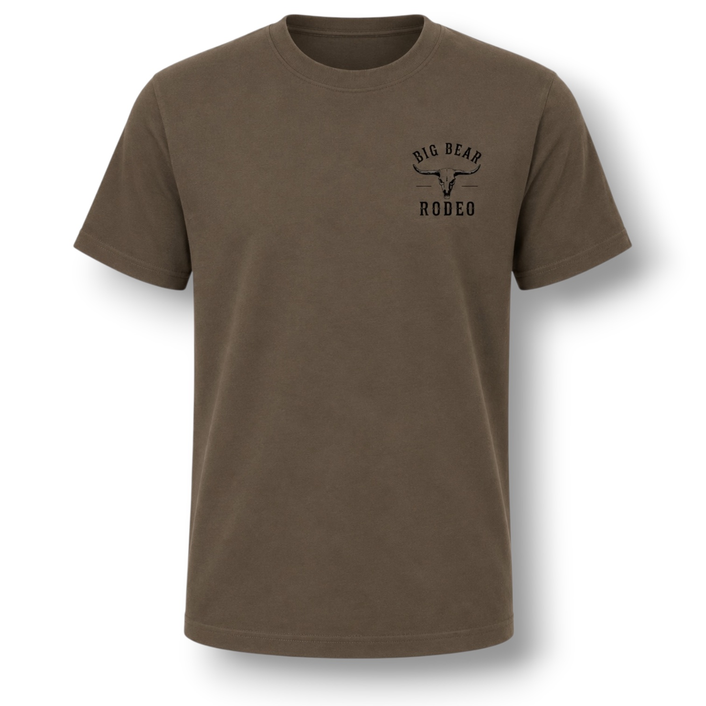 A dark short-sleeve crewneck t-shirt with a black 'Big Bear Rodeo' graphic printed on the left chest, displayed flat against a white background.