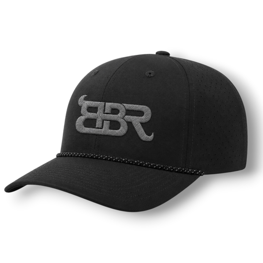 A black baseball cap featuring a dark gray tonal embroidered BBR logo on the front, displayed against a clean white background.