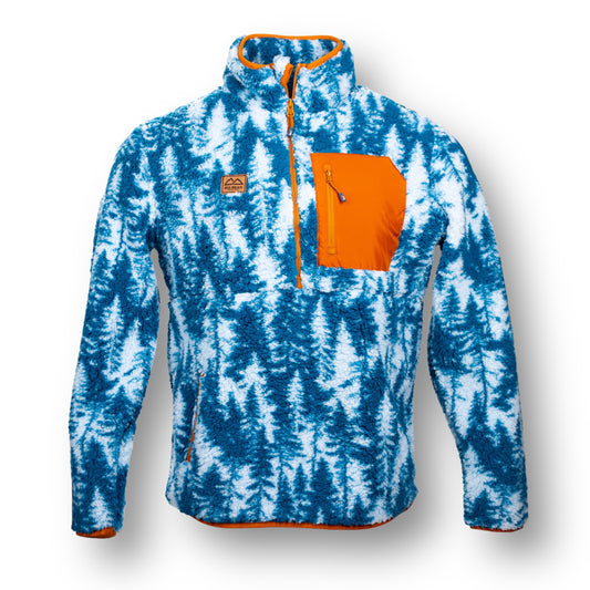 The front of a soft quarter zip fleece jacket with orange zipper lining, an orange front chest pocket, leather patch, and white and blue alpine tree design.