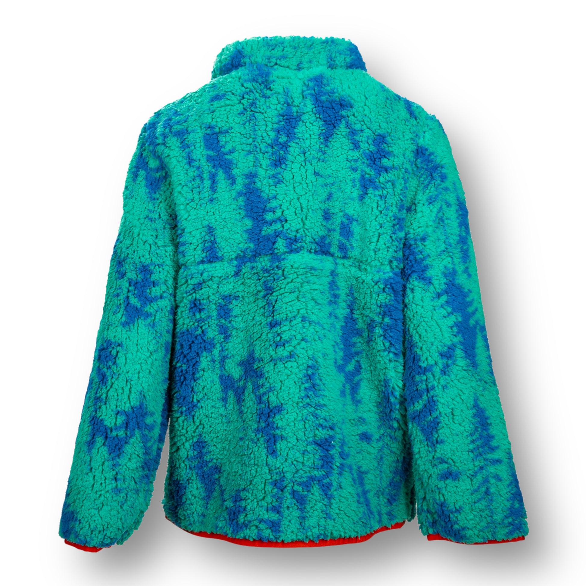 The back of a green and blue tree design soft fleece jacket.