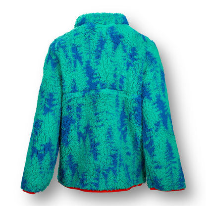 The back of a green and blue tree design soft fleece jacket.