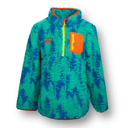 The front of a green and blue tree design soft fleece jacket with orange front check pocket, yellow quarter zipper, and leather patch.
