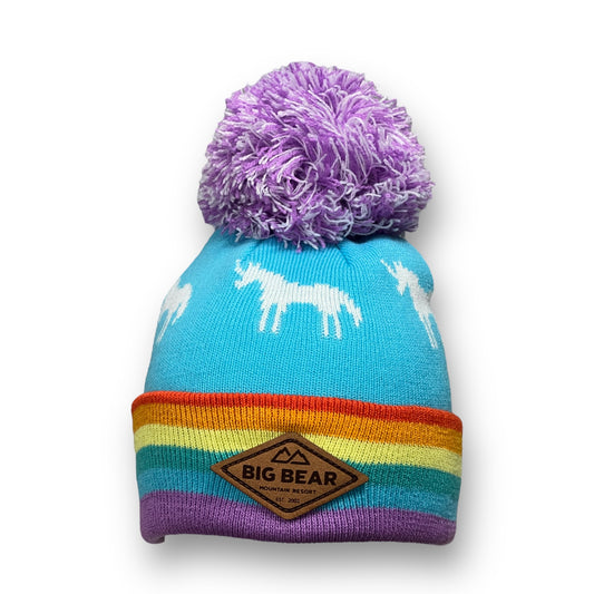 Big Bear Logo Patch w/ mountains and trees. Mixed Blue and yellow patterns throughout the beanie w/ white polar bears