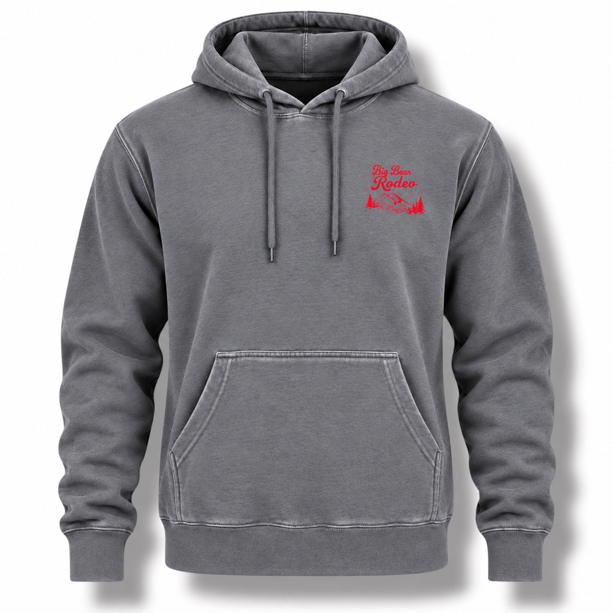 A gray pullover hoodie with a small red graphic on the left chest reading 'Big Bear Rodeo' with a mountain silhouette, shown on a white background.