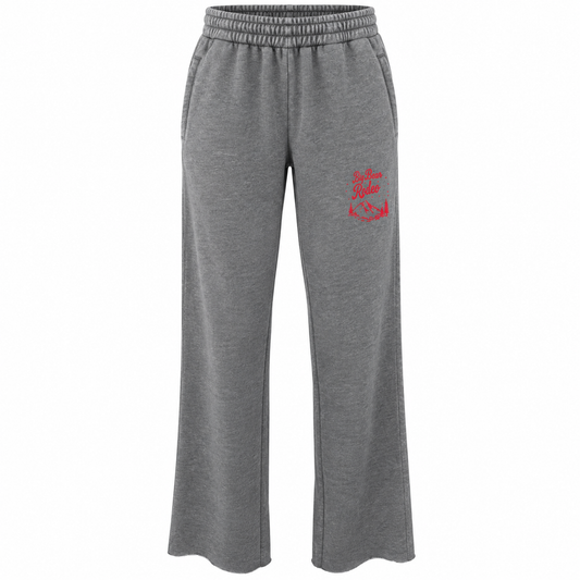Gray heather wide-leg sweatpants with an elastic waistband and a small red embroidered graphic on the left thigh.