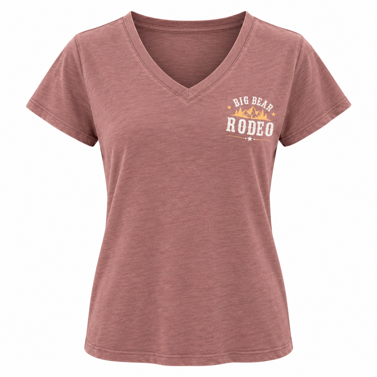 A women's heathered deep pink V-neck t-shirt with a 'Big Bear Rodeo' graphic printed on the left chest, shown on a plain white background.