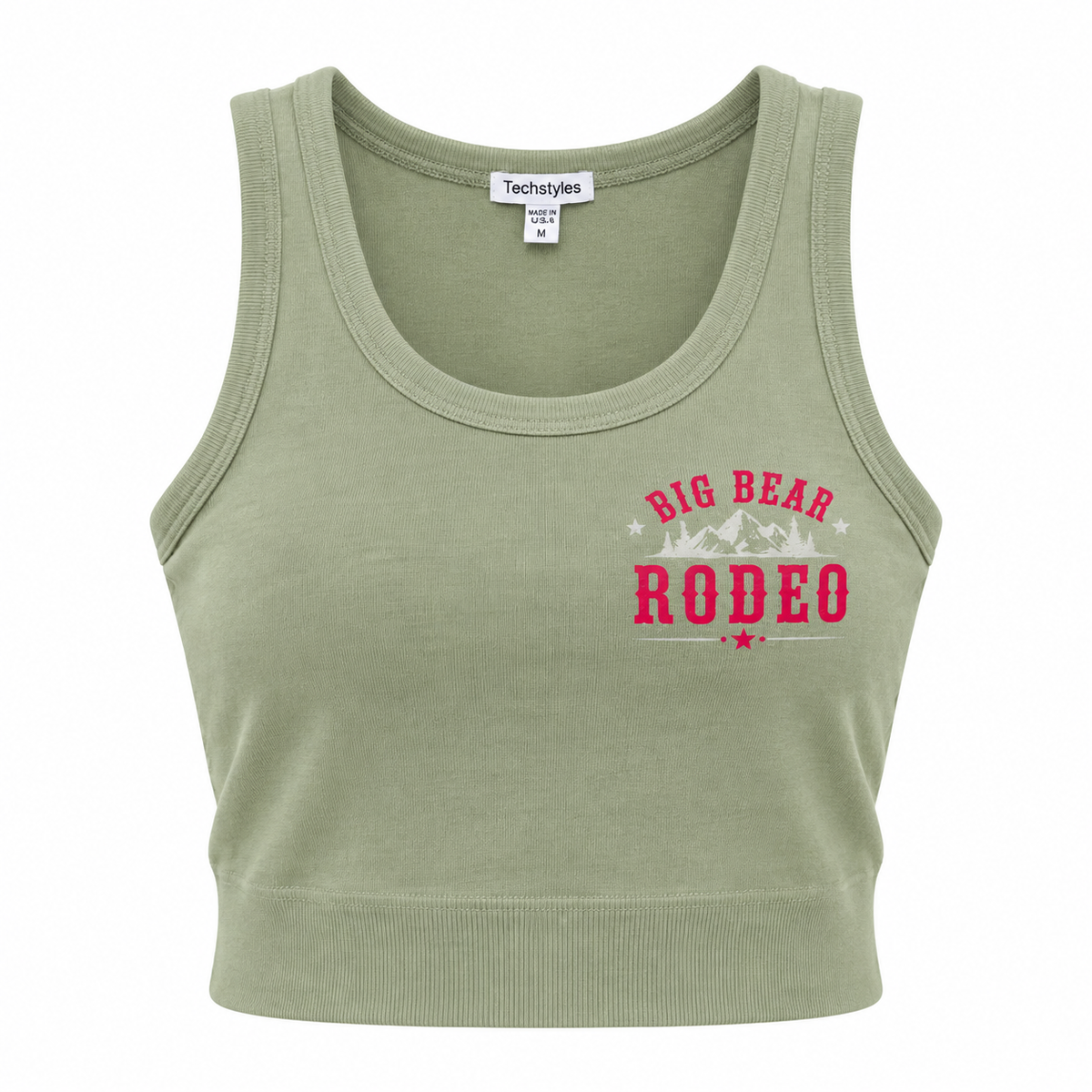 A sage green cropped tank top with a red and white 'Big Bear Rodeo' graphic on the left chest, displayed on a clean white background.