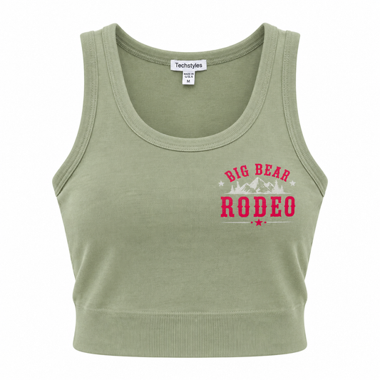 A sage green cropped tank top with a red and white 'Big Bear Rodeo' graphic on the left chest, displayed on a clean white background.