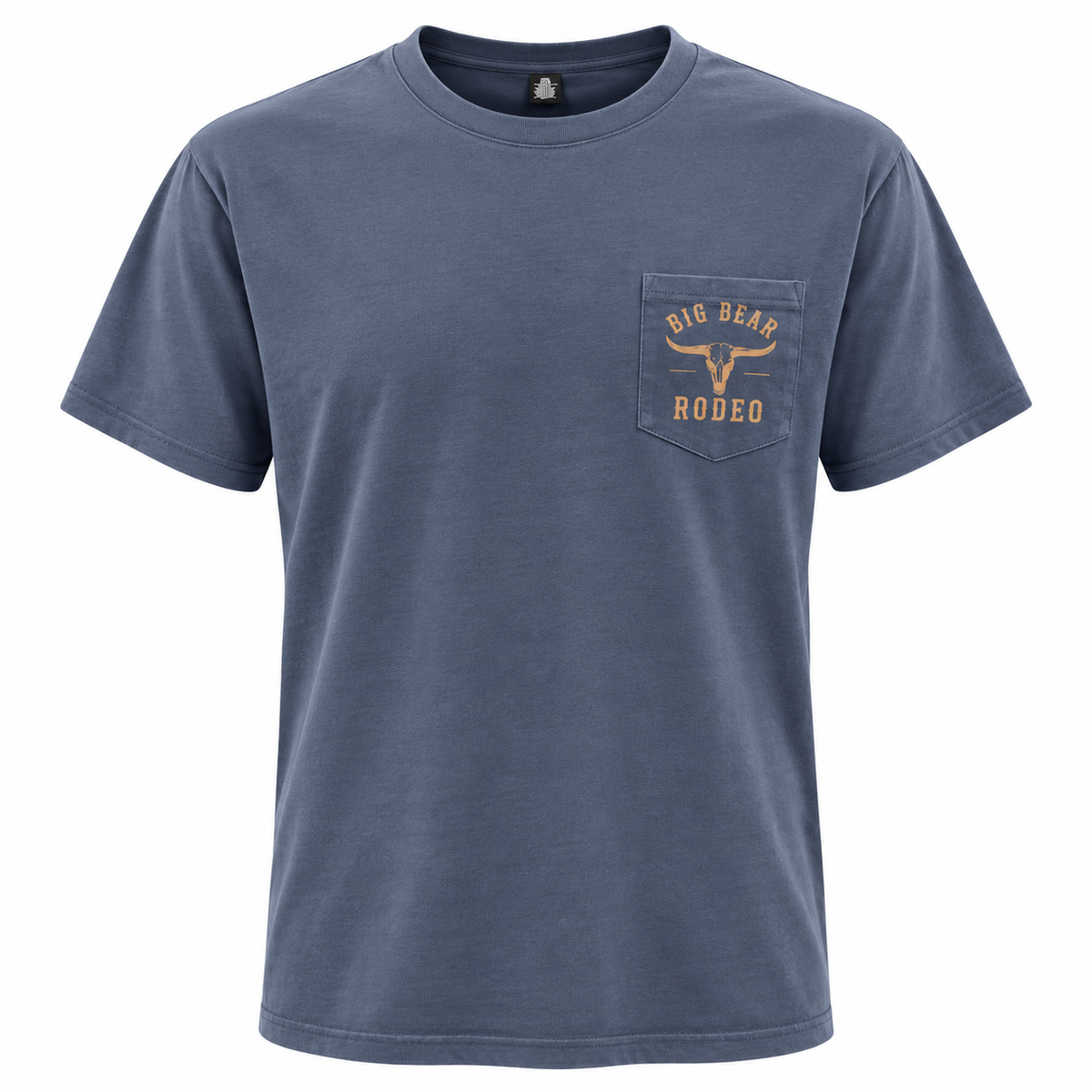 A blue short-sleeve t-shirt with a chest pocket featuring a tan graphic that reads 'BIG BEAR RODEO' with a longhorn design, shown on a plain white background.
