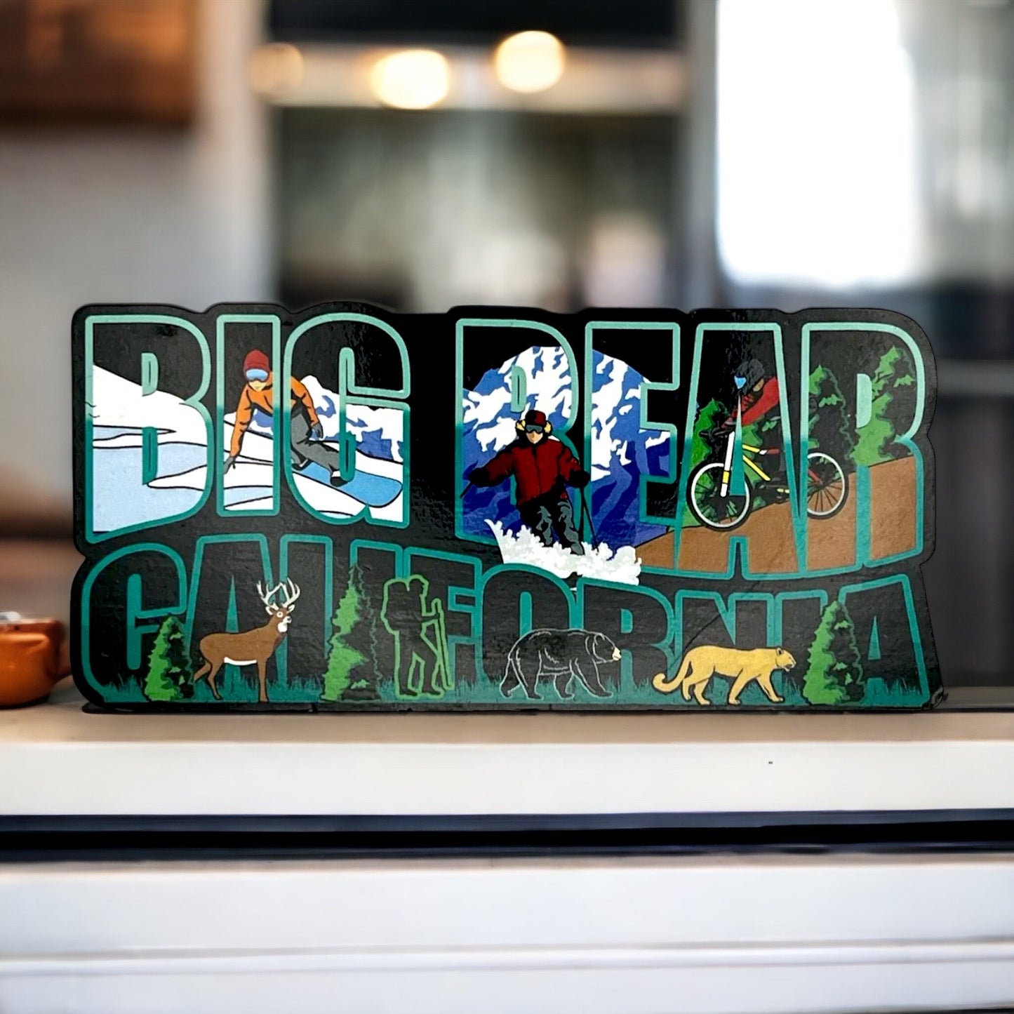 Big Bear California written on a magnet with snowboard and mountain biking activities in the letters