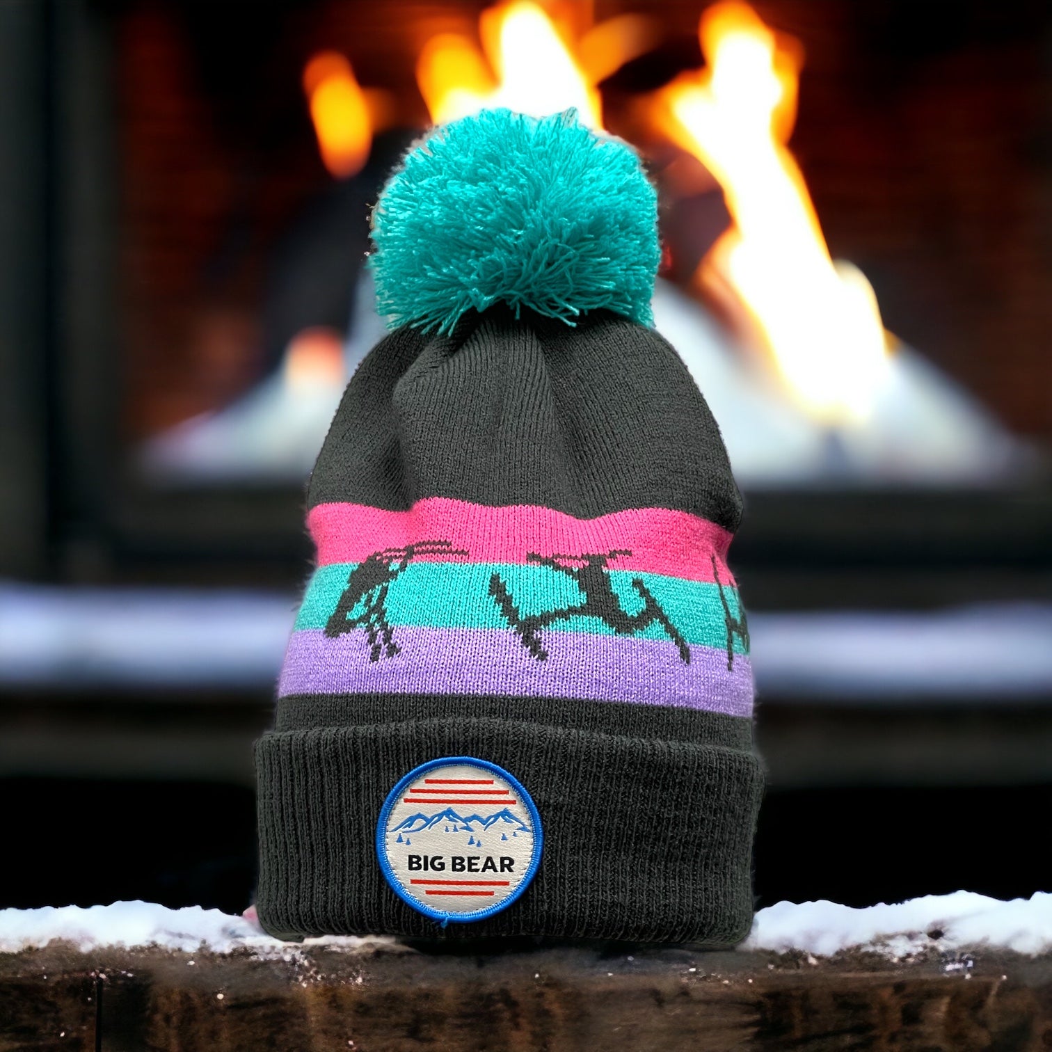 Grey w/ Vibrant pastel color palette with skiers in picture (all around the beanie) Big Bear Round embroidered patch.