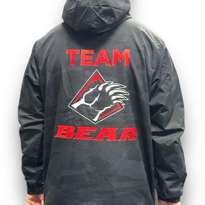 Pull over black camo windbreaker Team Bear coaches jacket with large bear claw logo on back