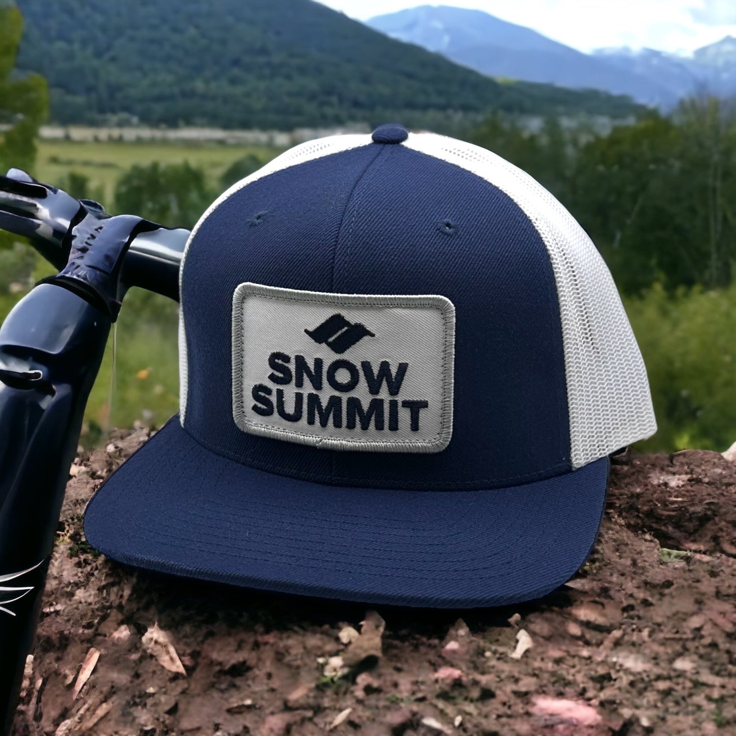 Navy/White Snow Summit Flat Bill Trucker Hat with Emboidered Patch Logo