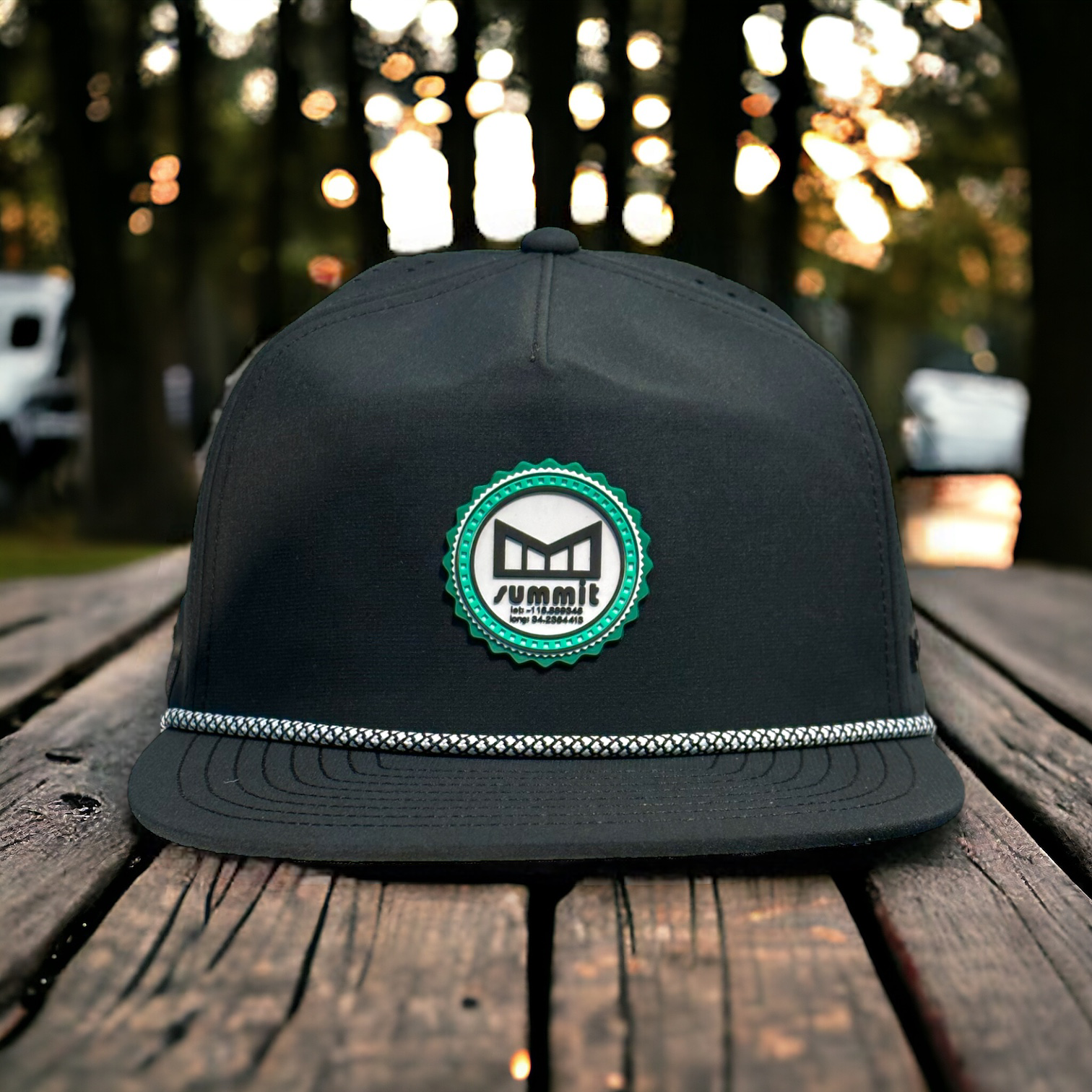 Melin x Snow Summit black snapback hat with logo and rope on brim