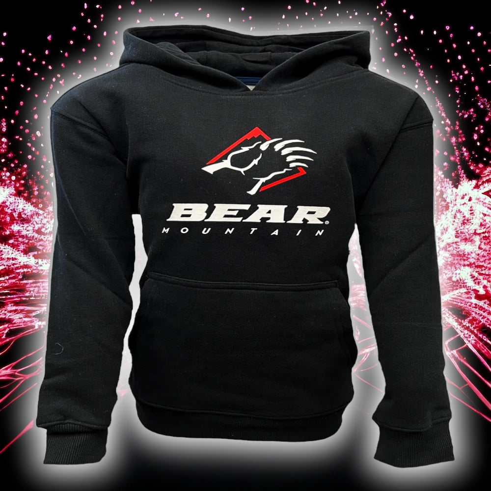 Black hoodie with iconic bear claw logo on front along with Bear Mountain print below logo