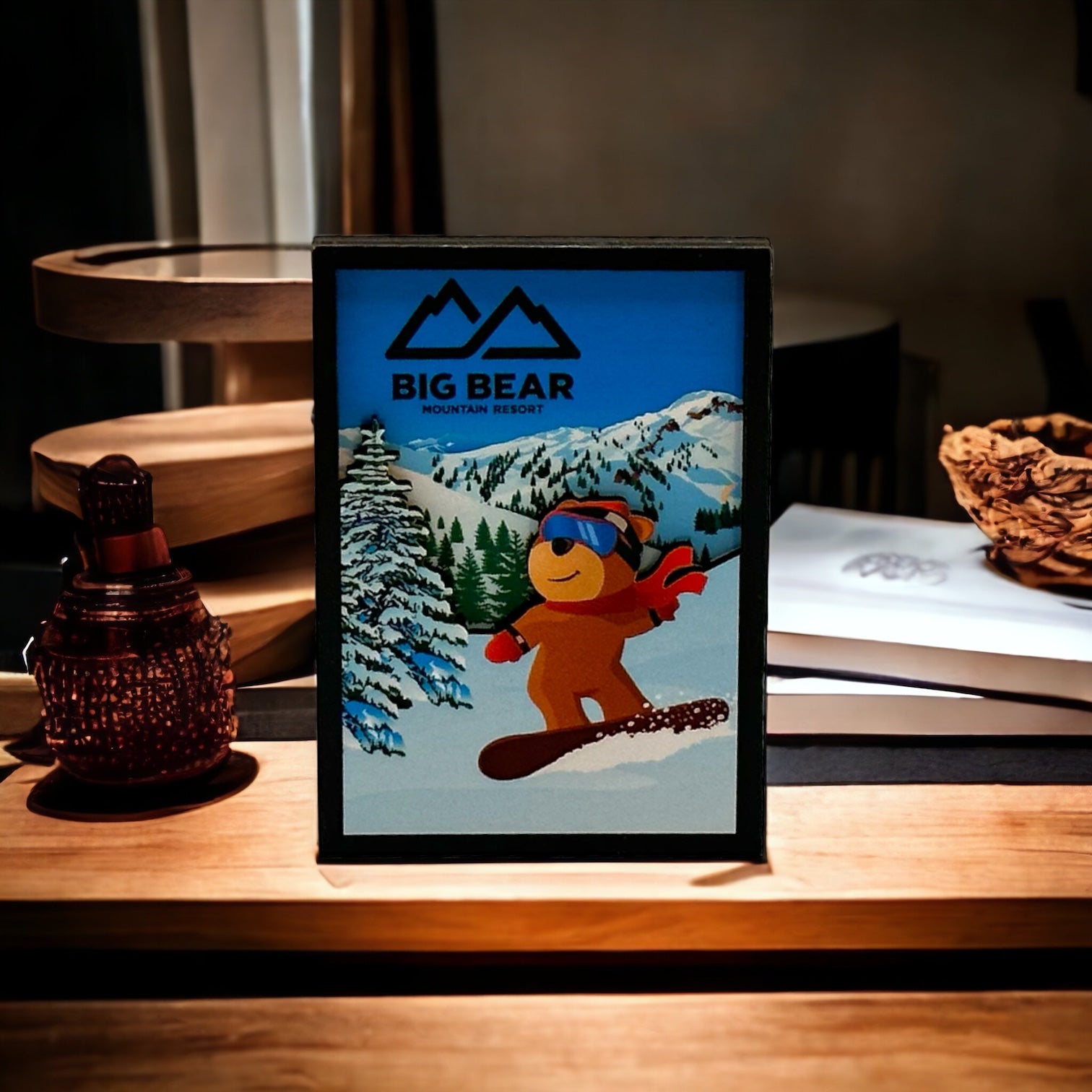 Big bear mountain resort wooden magnet with biggie the bear snowboarding with mountains snow and trees in background