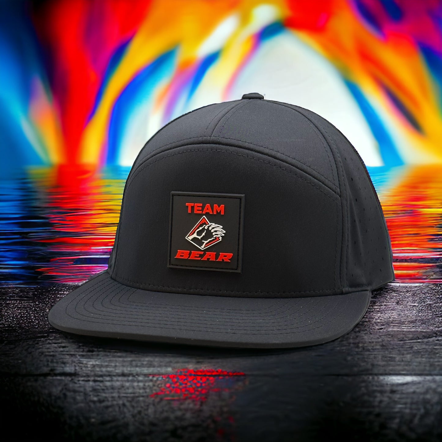 Black 7 panel team bear snapback flat bill hat