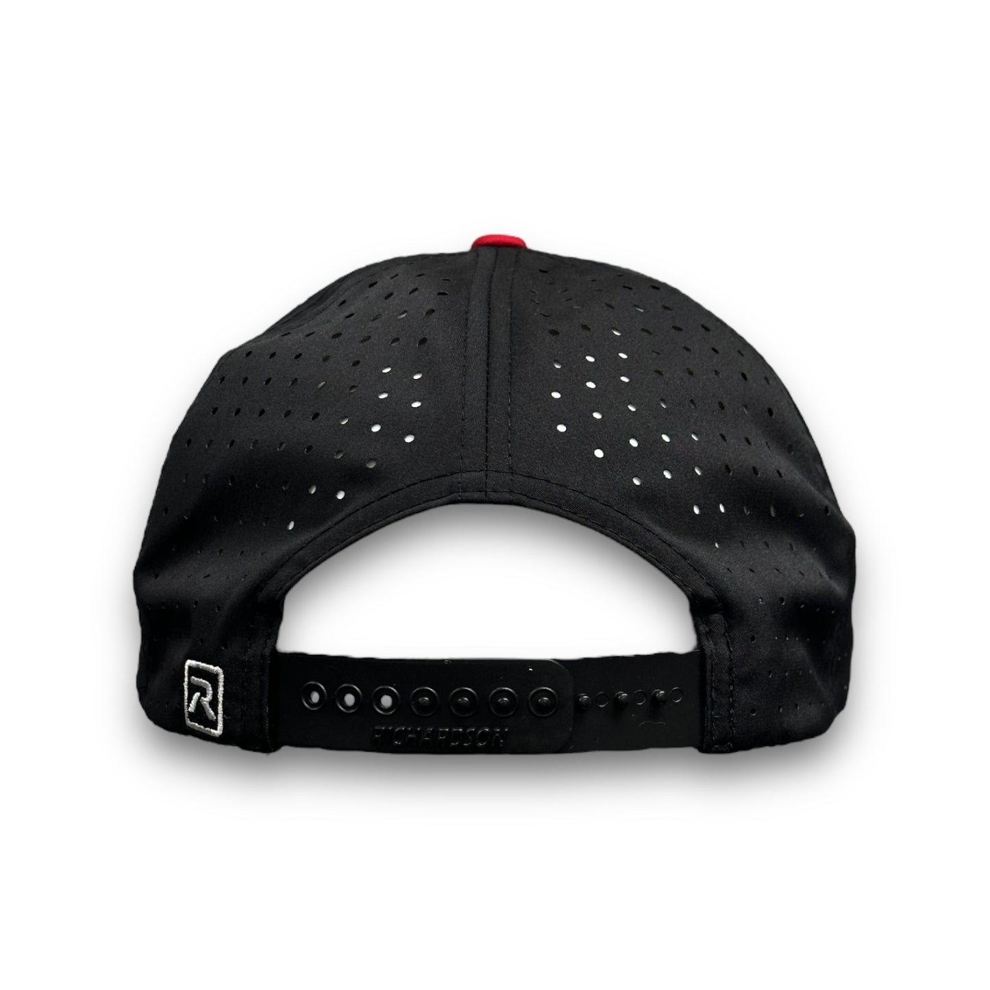 Backside of black and red team bear richardson branded snapback hat
