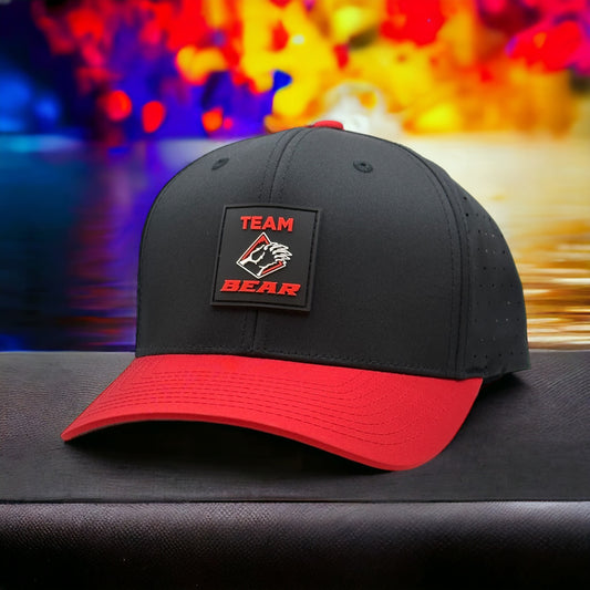 Red and black team bear 6 panel snapback hat