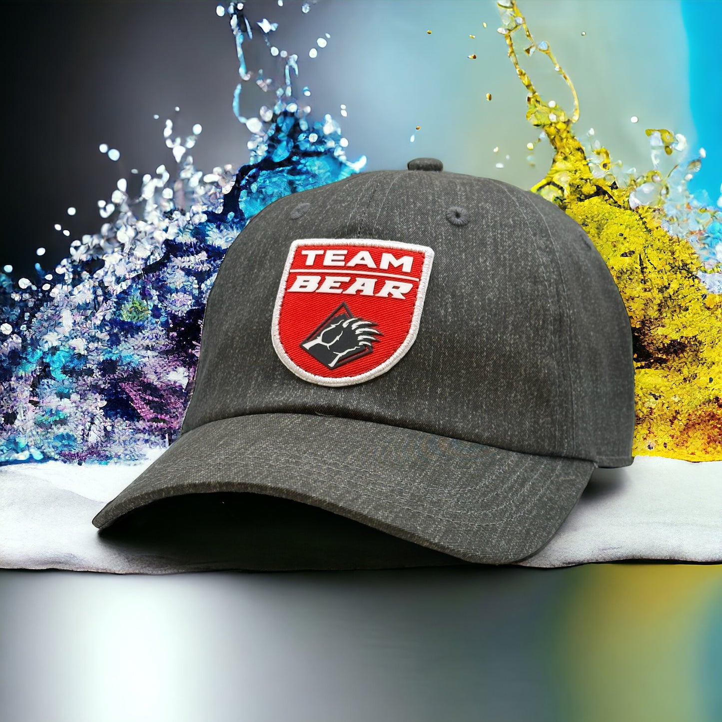 Charcoal hat with red crest team bear patch