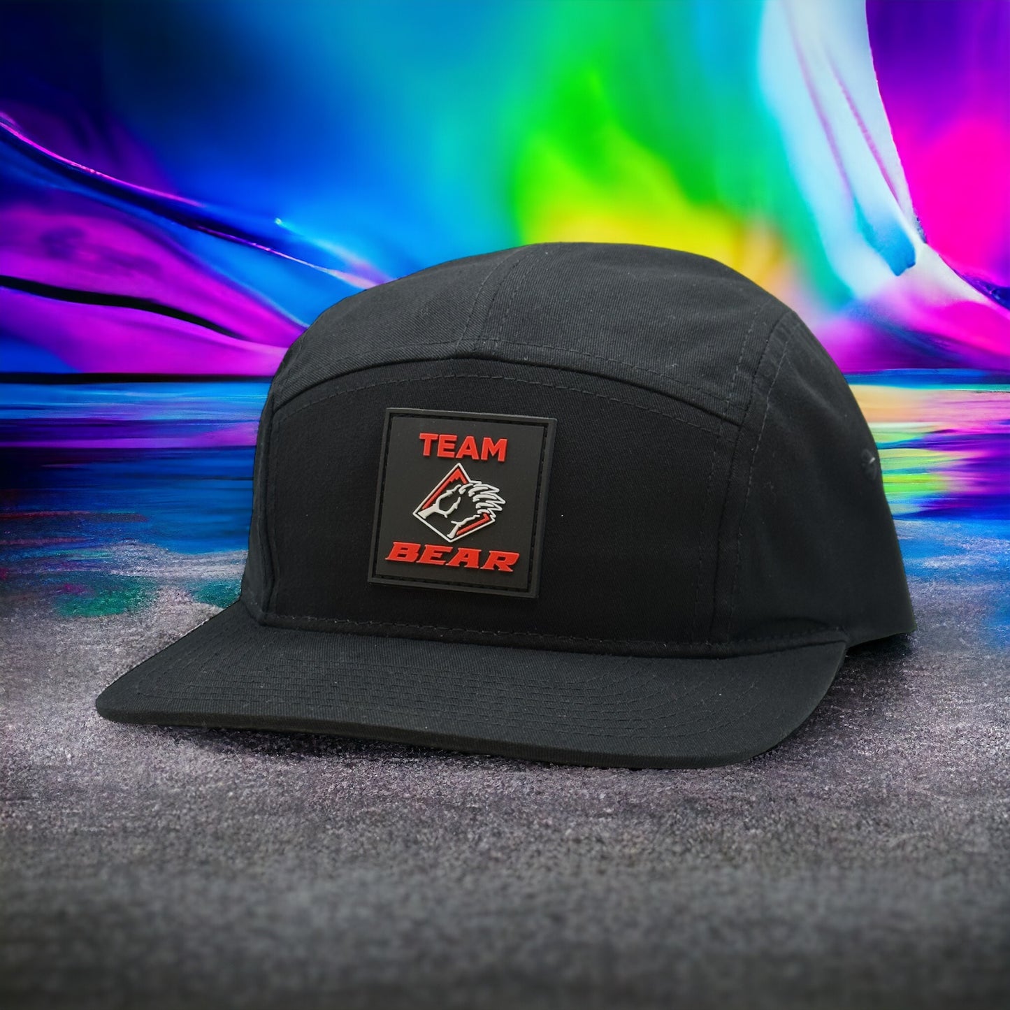 Black 5 panel team bear hat with rubber patch logo