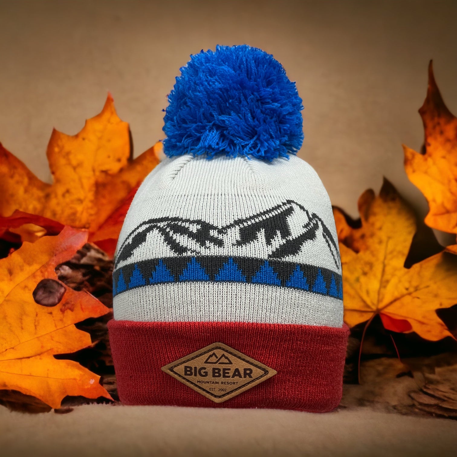 Leather BBMR Patch, Fold of Beanie Red, Mixed with Blue & Grey pattern throughout w/ mountains