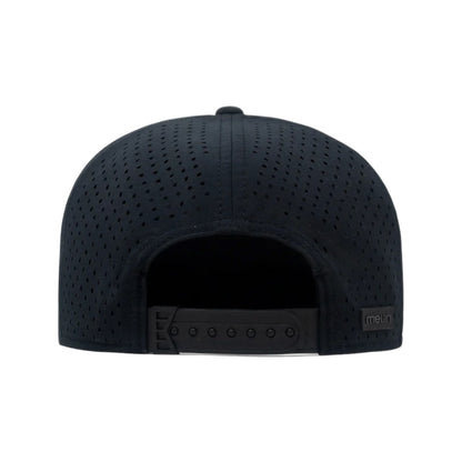 Backside of a black Melin snapback hat