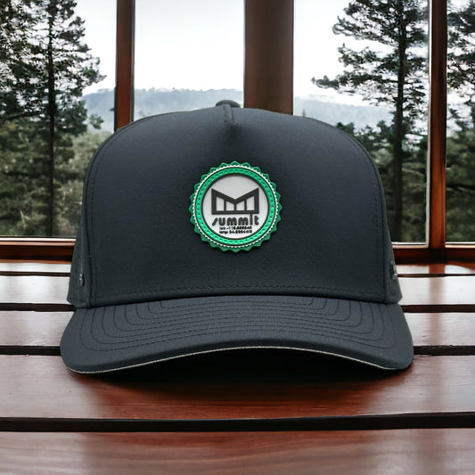 Black Melin x Snow Summit curved bill snapback hat with green and white logo 