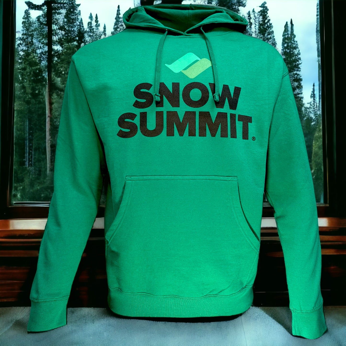 Green Snow Summit hoodie with black snow summit logo on front