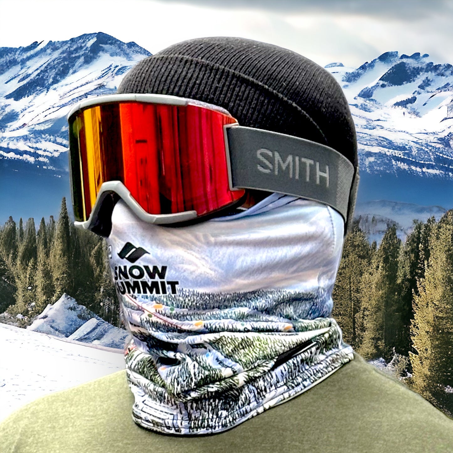 Head shot of rider in a black beanie, Smith goggles, and a Snow Summit trail map neck tube