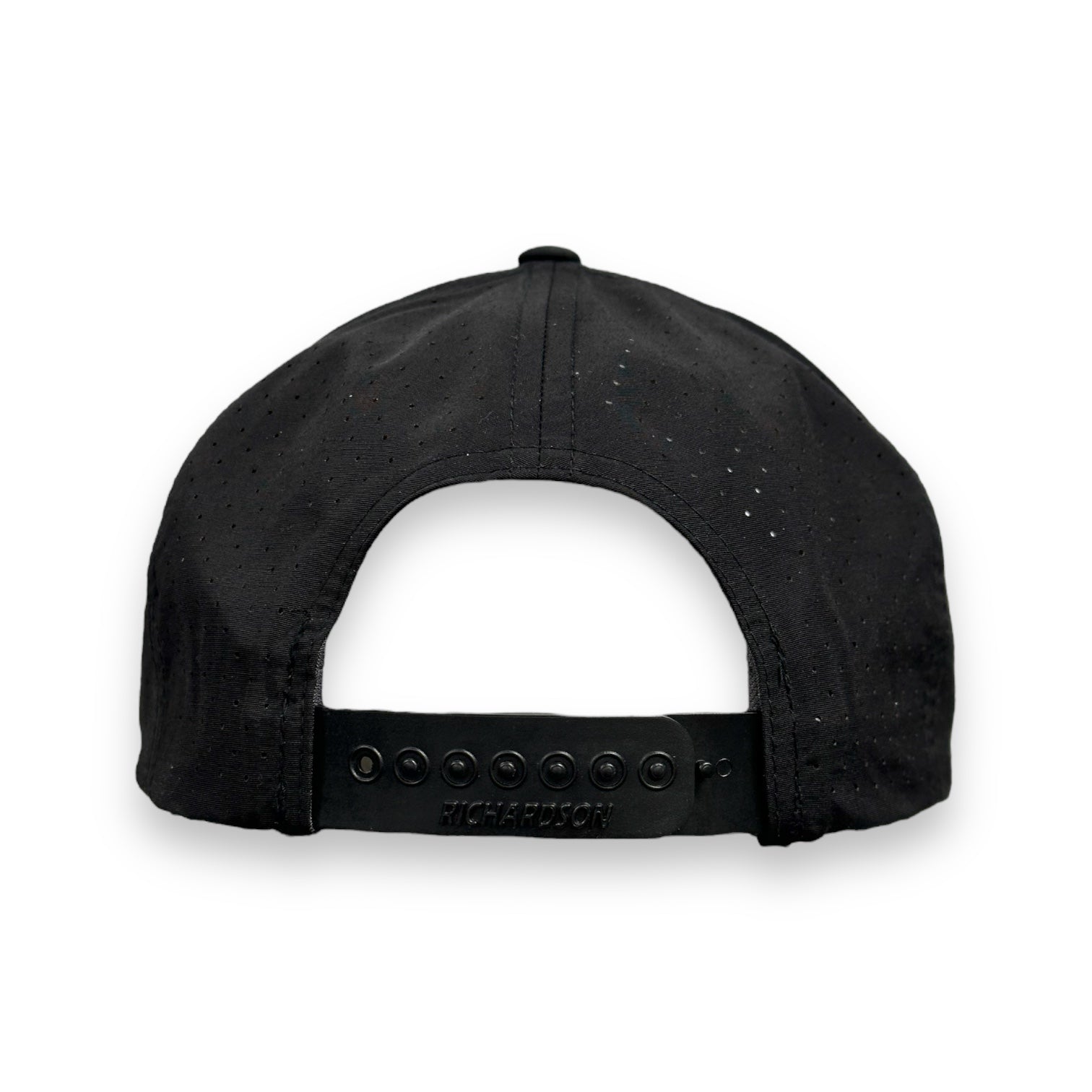 Back of black snapback with stay-Dri material