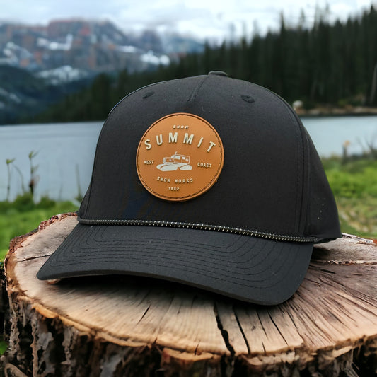 Snow Summit snow cat logo 5 panel black snapback with a curved bill 