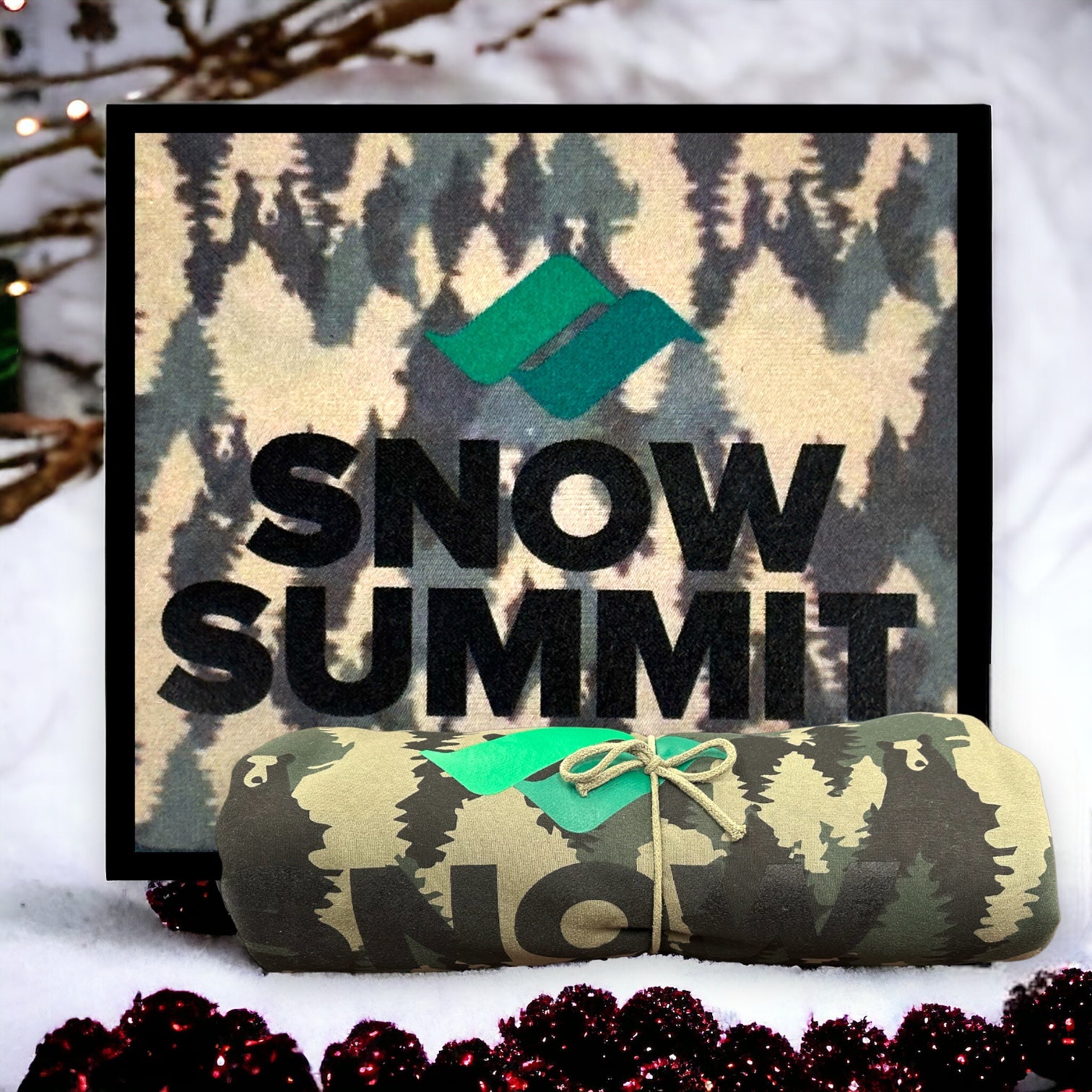 Camo forest with bears blanket with Snow Summit logo in black and green