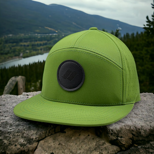 green tri color snapback Snow Summit hat with black logo patch