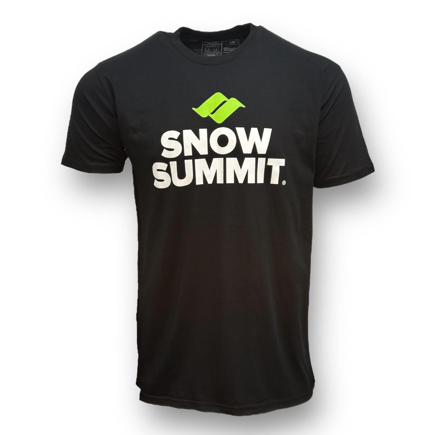 Black tshirt with green snow summit logo and Snow Summit font below