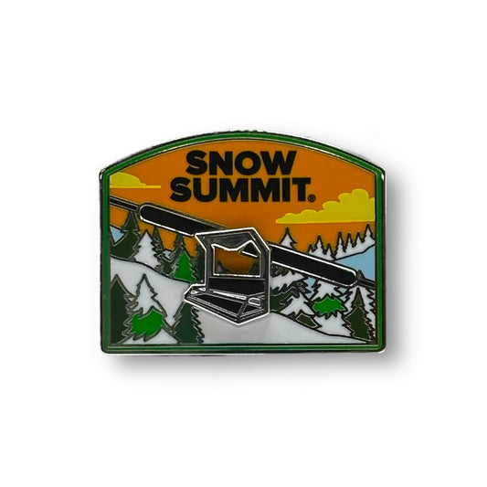Snow Summit moving chairlift metal pin with a mountain scenery with green pine trees and a orange sky with white clouds