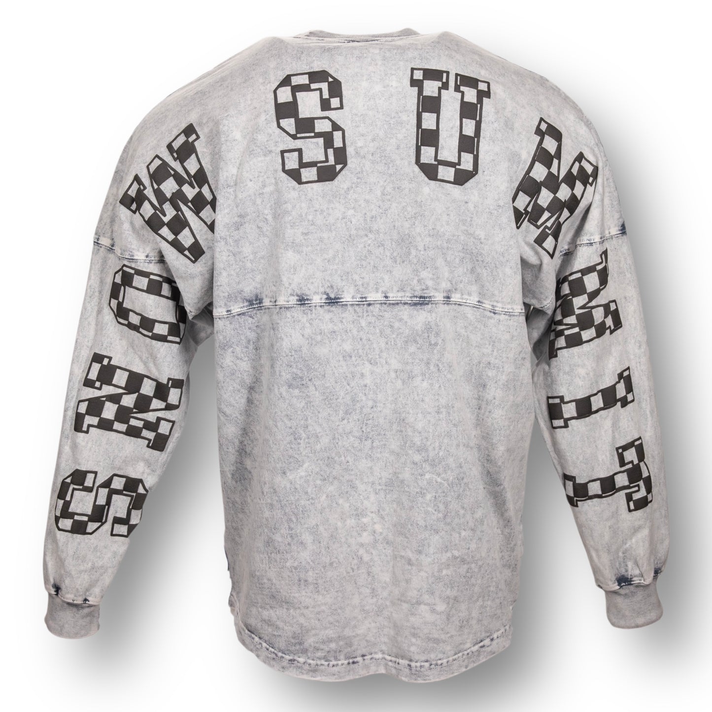 Backside of an oversized mineral wash crew neck long sleeve t-shirt with Snow Summit in black checker letters on the back, from arm sleeve to arm sleeve.