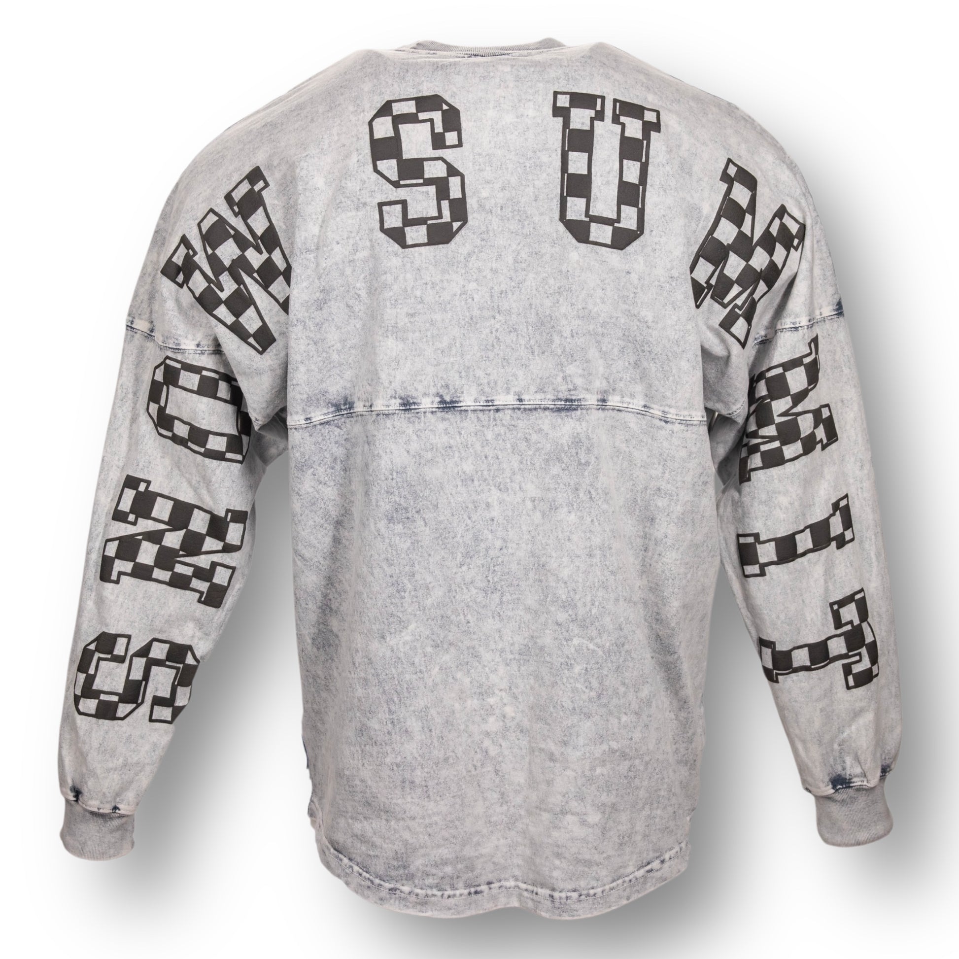 Backside of an oversized mineral wash crew neck long sleeve t-shirt with Snow Summit in black checker letters on the back, from arm sleeve to arm sleeve.