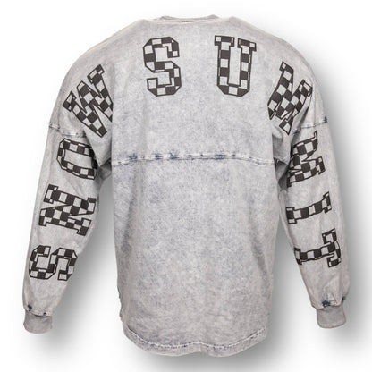 Backside of an oversized mineral wash crew neck long sleeve t-shirt with Snow Summit in black checker letters on the back, from arm sleeve to arm sleeve.